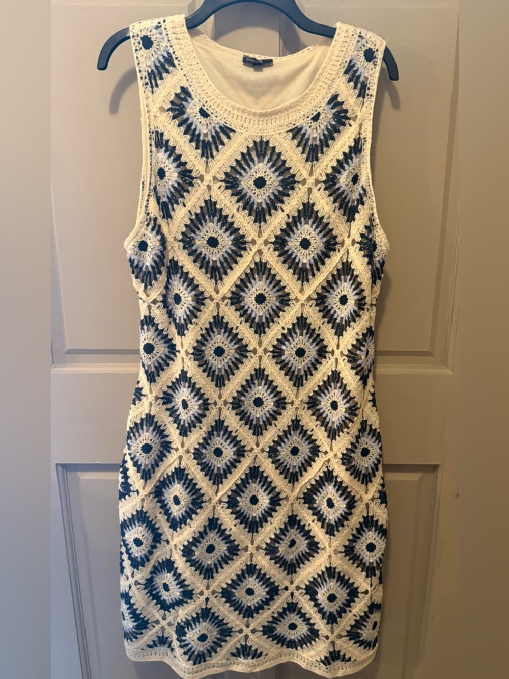 Crochet Sheath Dress in Navy and Cream